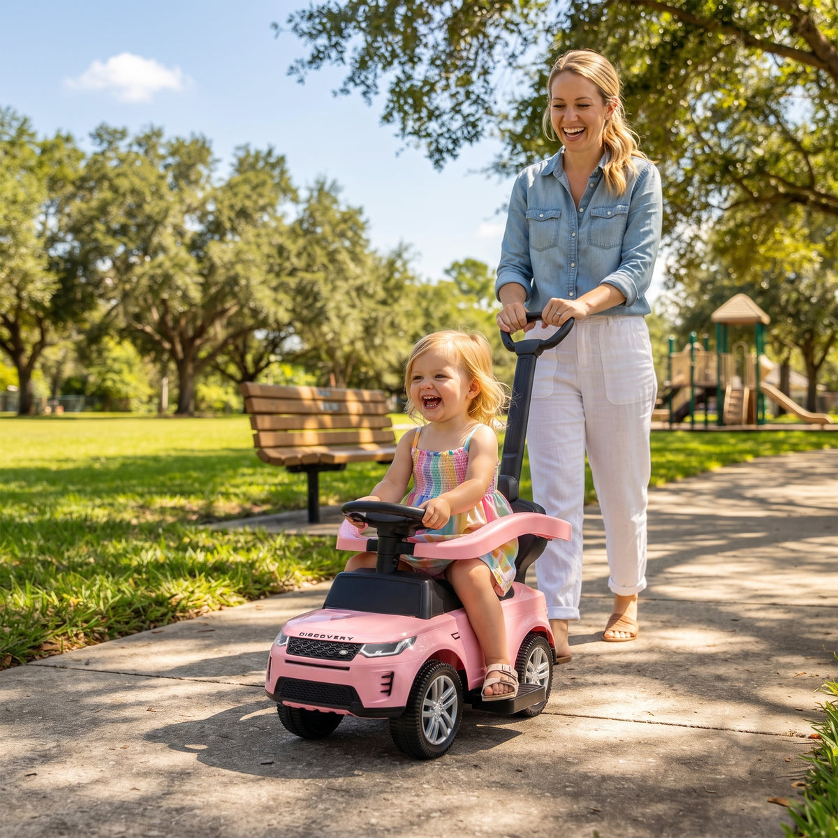 Porteur enfants Land Rover Discovery sous licence, porteur voiture à pousser avec poignée amovible, 84x40x94,5cm, rose