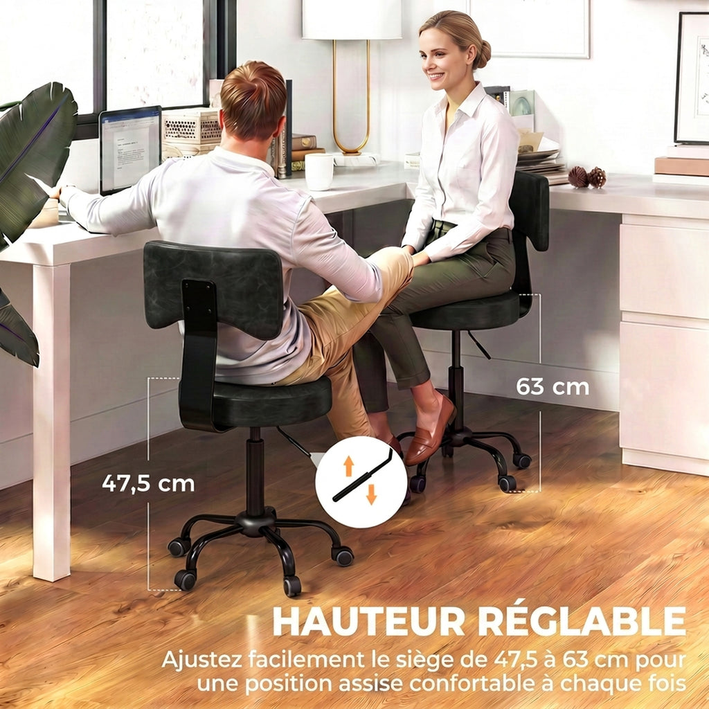 Tabouret à Roulettes, Hauteur Réglable 72-87,5cm, Tabouret de Massage Assise et Dossier Rembourrés, Pivotant 360°, Noir-3