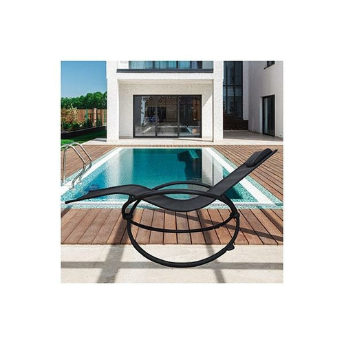Black zero gravity portable folding rocking chair with a sleek circular frame, set beside a pool.
