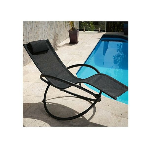 Black zero gravity portable rocking chair recliner positioned next to a pool, featuring a cushioned headrest and sturdy frame.