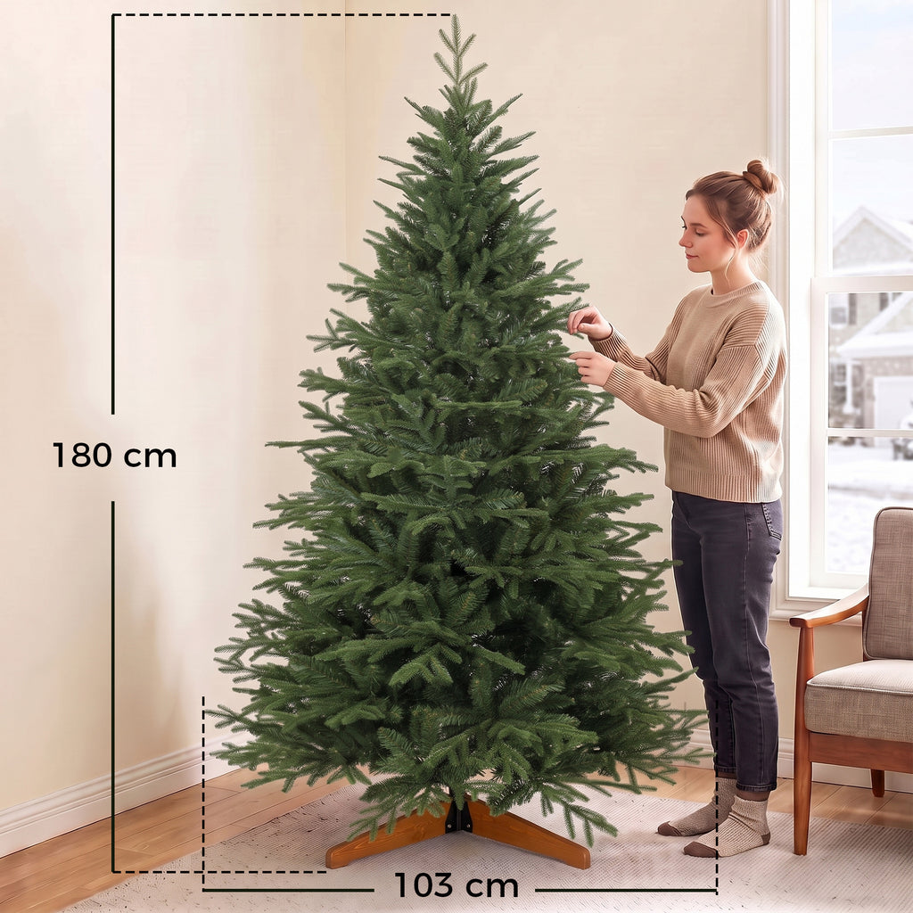 Sapin de Noël Artificiel 180 cm, Arbre de Noël, 2081 Branches Articulées en PE et PVC Ignifuge, Support en Bois Robuste