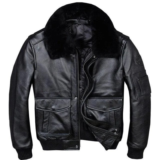 A2 USAF Pilot Leather Flight Jacket with Faux Fur Collar - black, 3XL