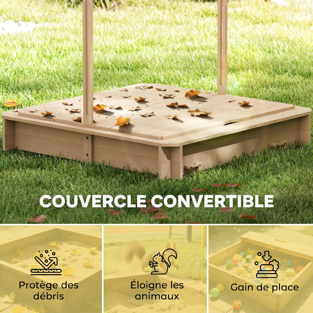 Bac à sable carré en bois pour enfants dim. 106L x 106l cm avec bancs et couvercle - auvent réglable
