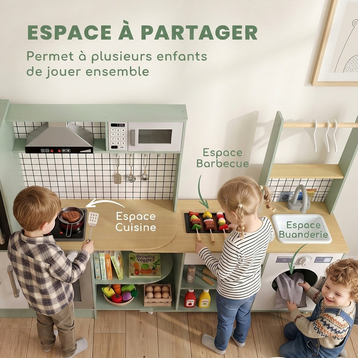 Cuisine Enfant Jouet d'Imitation, Micro-Ondes, Four, Plateau Rotatif sur Roulettes, 160x32x97,5cm, Vert Clair