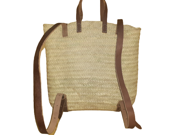 Mochila cuadrada de paja y cuero-3