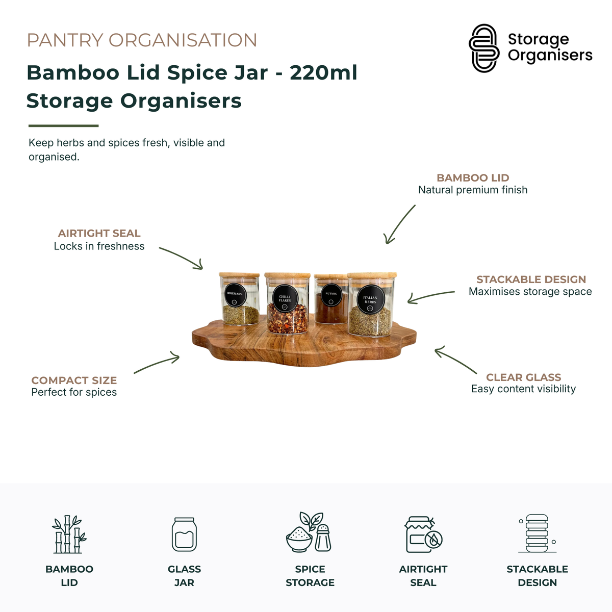 Bamboo Lid Spice Jar - 220ml Storage Organisers-4