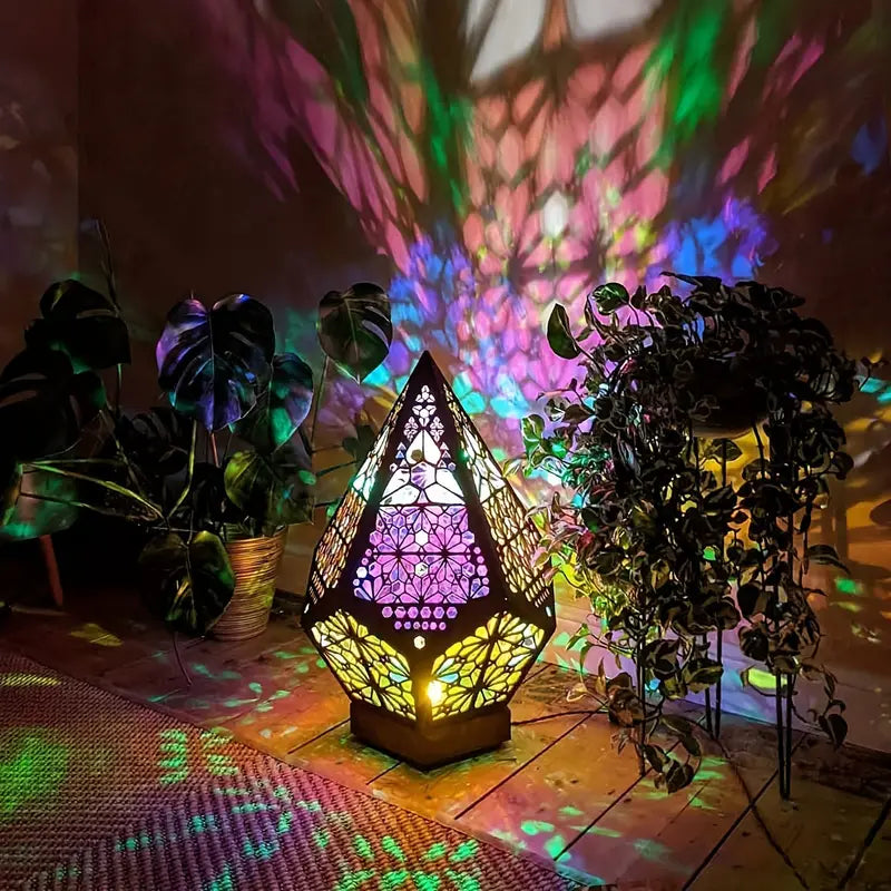 Wooden Bohemian Floor Lamp with USB Charging Port - Retro LED Colorful Diamond Lights-1