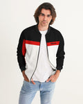 Men's Bomber Jacket in black, white, and red, featuring ribbed cuffs, hem, and a baseball collar, worn over a white shirt.