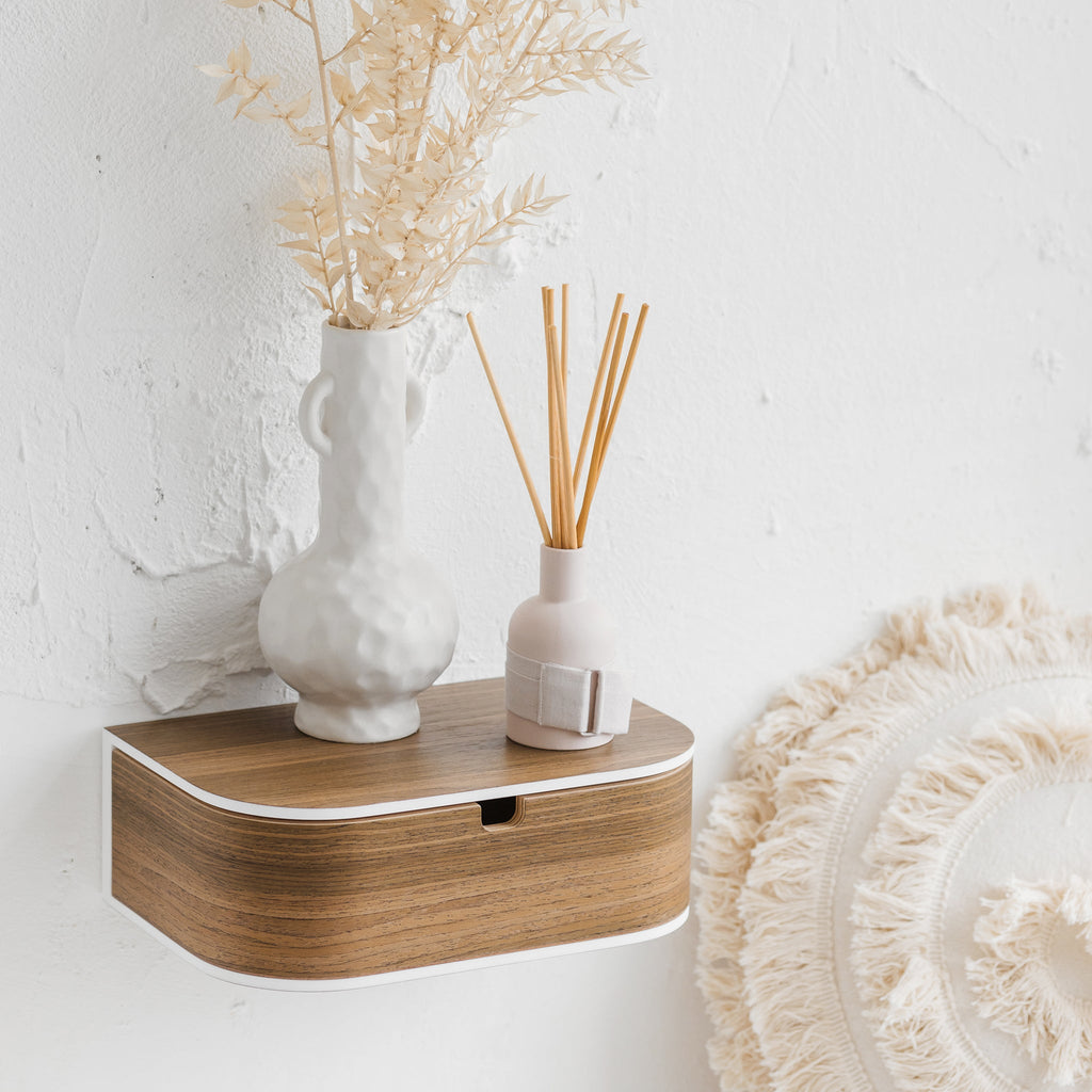Big mounted bedside wooden nightstand, Scandinavian home interior stone shelf-4