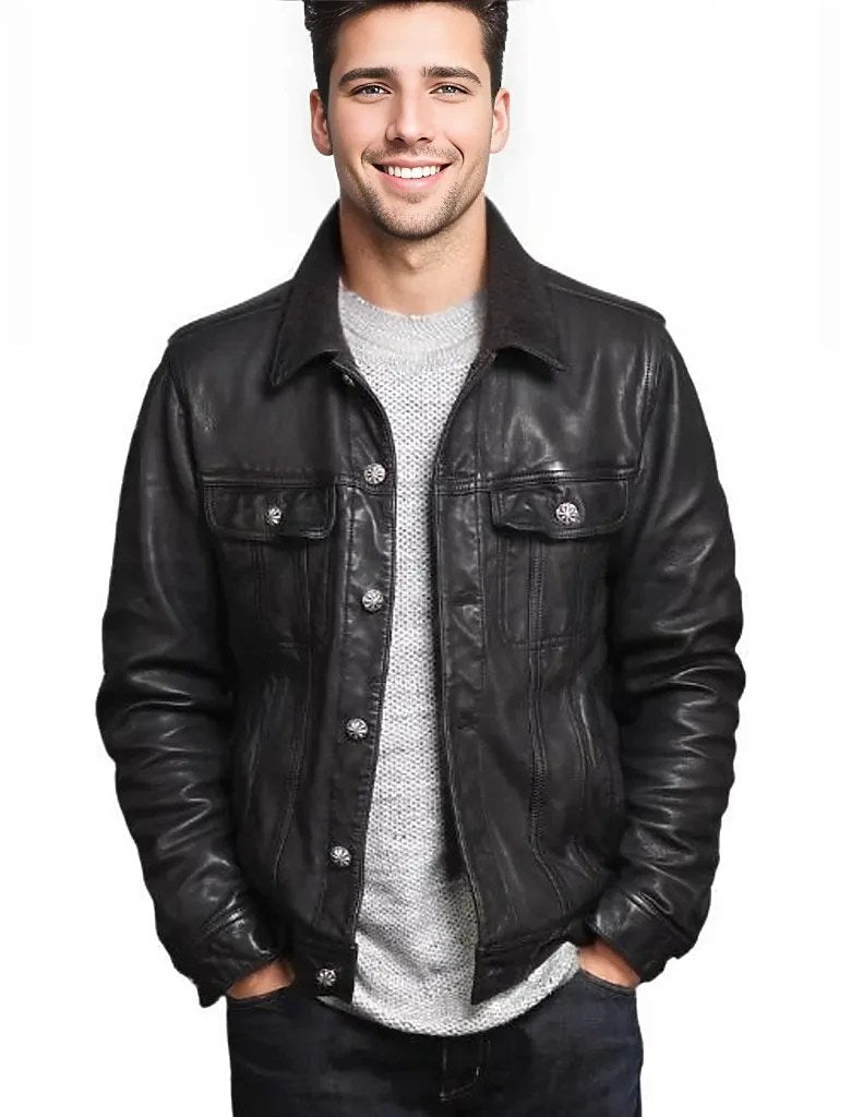 Brix Men's Leather Jacket Sheepskin Coat - Black, 4XL