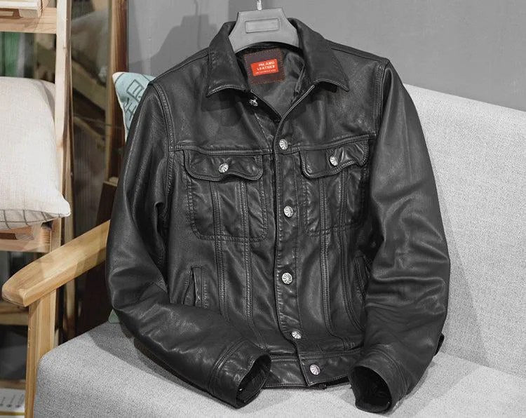 Brix Men's Leather Jacket Sheepskin Coat - Black, XL