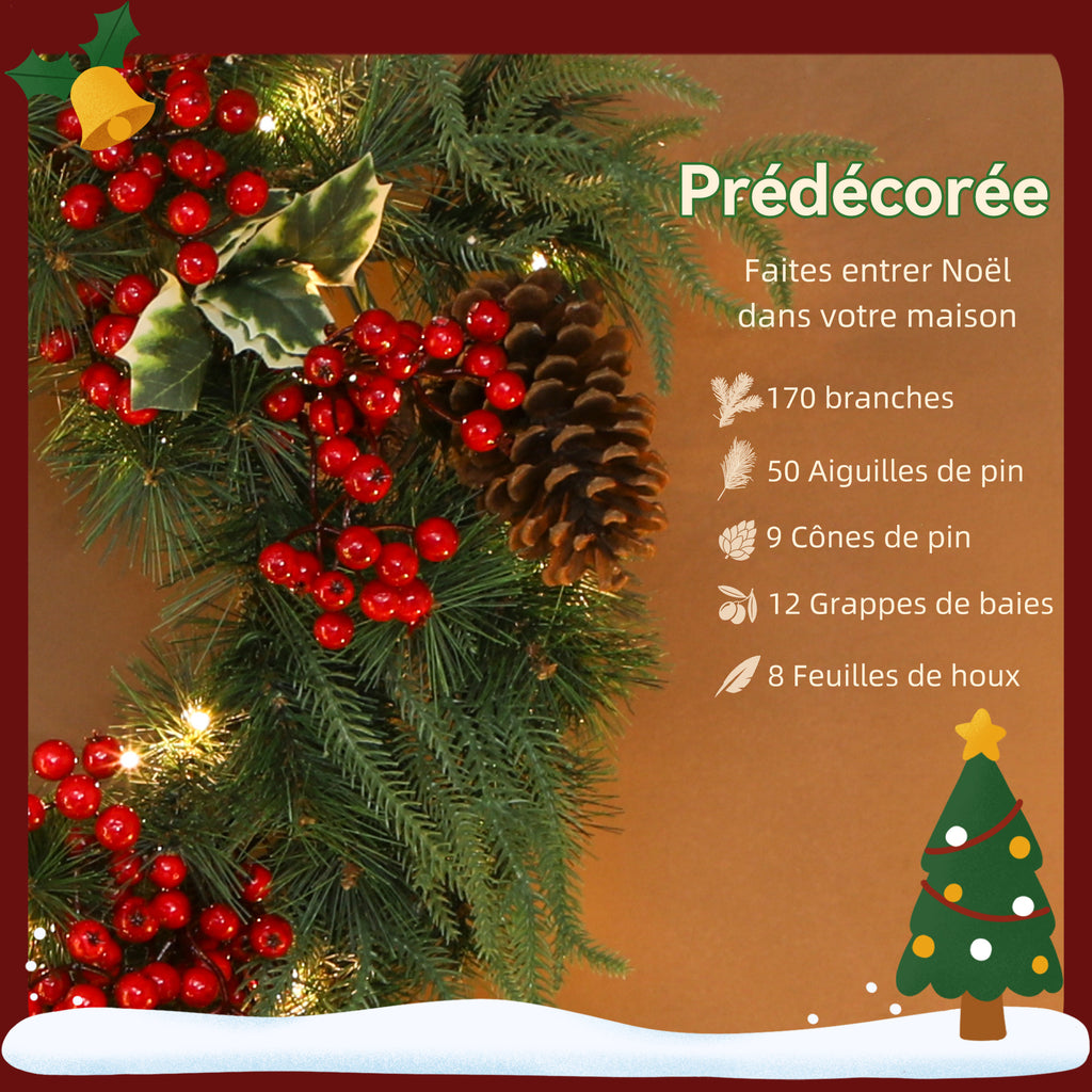 Couronne de Noël lumineuse 60 cm avec 35 LED, minuterie, 170 pointes, pommes de pin, baies, feuilles de houx, vert