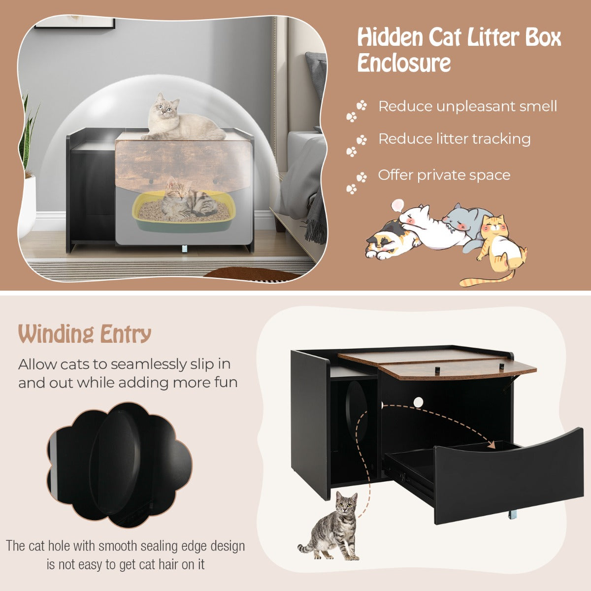 NNECW Cat Litter Box Enclosure with Pull-out Drawer and Rolling Caster-4