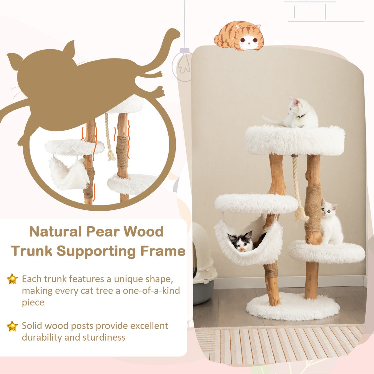 NNECW 87 CM Tall Wooden Cat Tree with Jute Scratching Posts for Pet-2