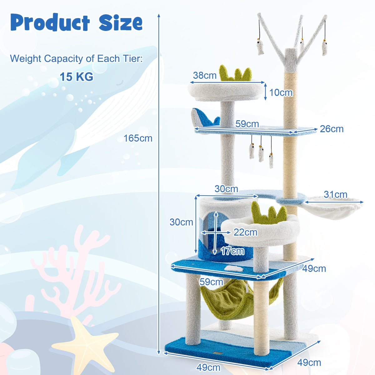NNECW Multi-level Ocean-themed Cat Tree with Sisal Covered Scratching Posts-3