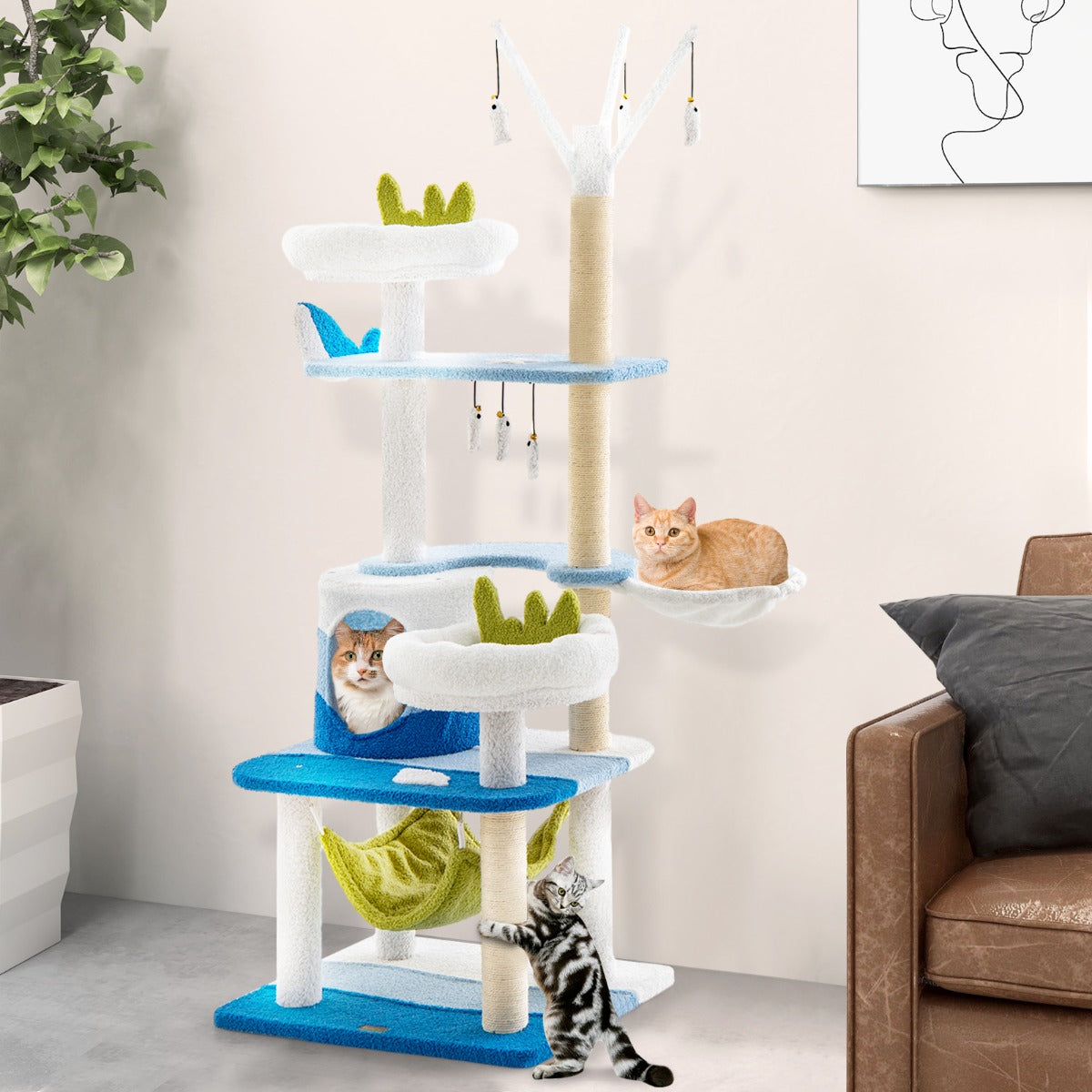 NNECW Multi-level Ocean-themed Cat Tree with Sisal Covered Scratching Posts-4