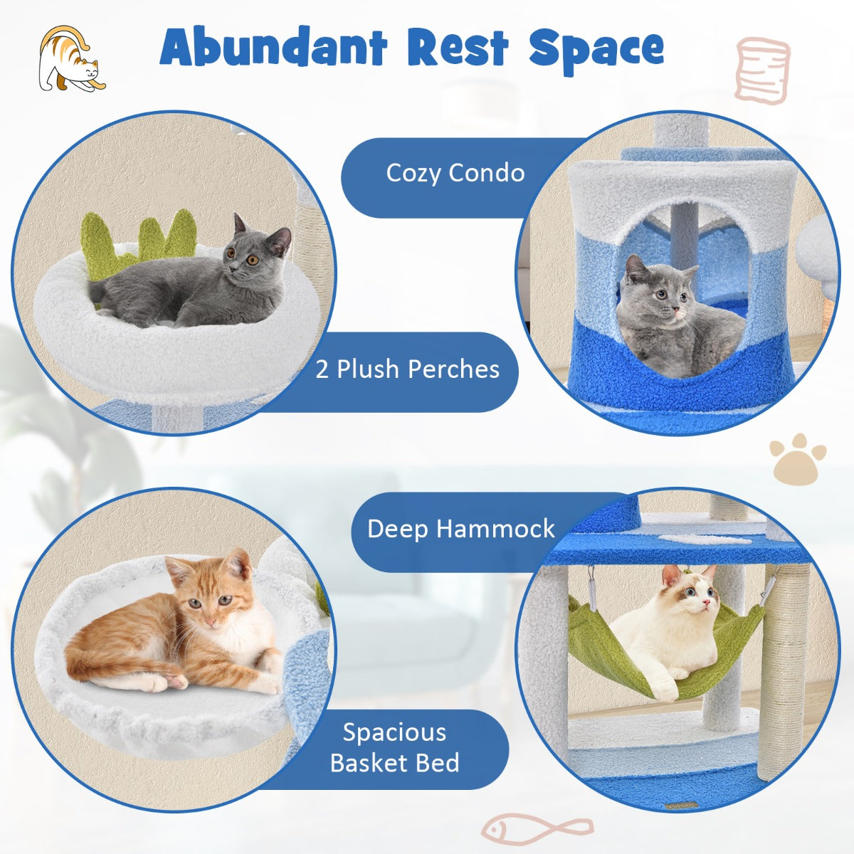 NNECW Multi-level Ocean-themed Cat Tree with Sisal Covered Scratching Posts-2