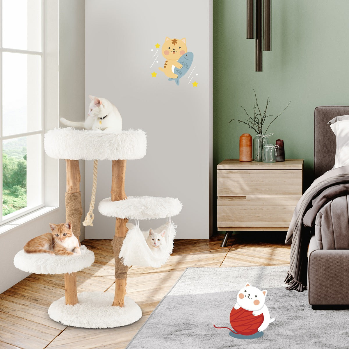 NNECW 87 CM Tall Wooden Cat Tree with Jute Scratching Posts for Pet-0