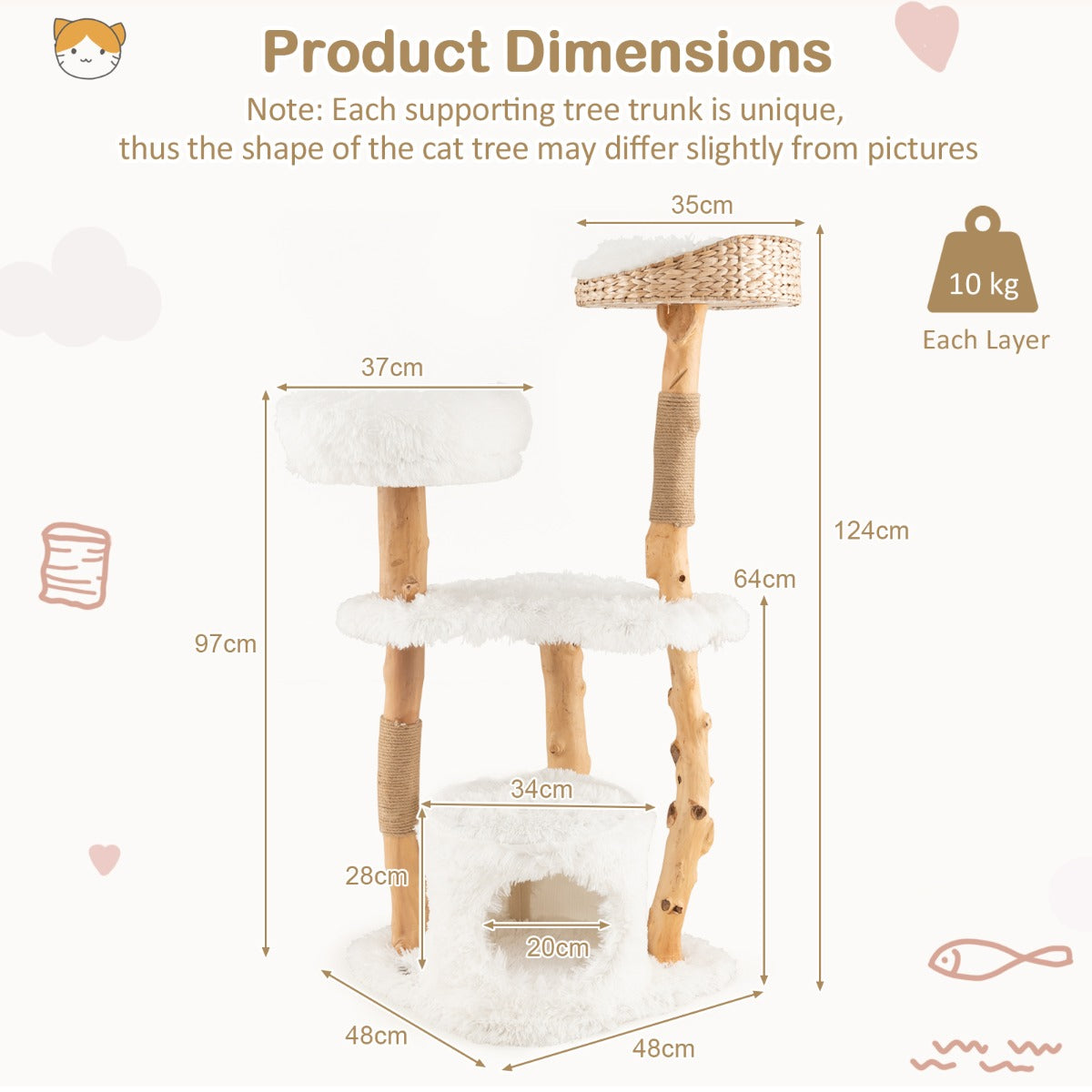 NNECW 124 CM Tall Wooden Cat Tree with Jute Scratching Posts For Pet-3
