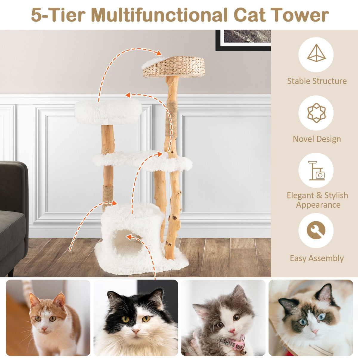 NNECW 124 CM Tall Wooden Cat Tree with Jute Scratching Posts For Pet-2