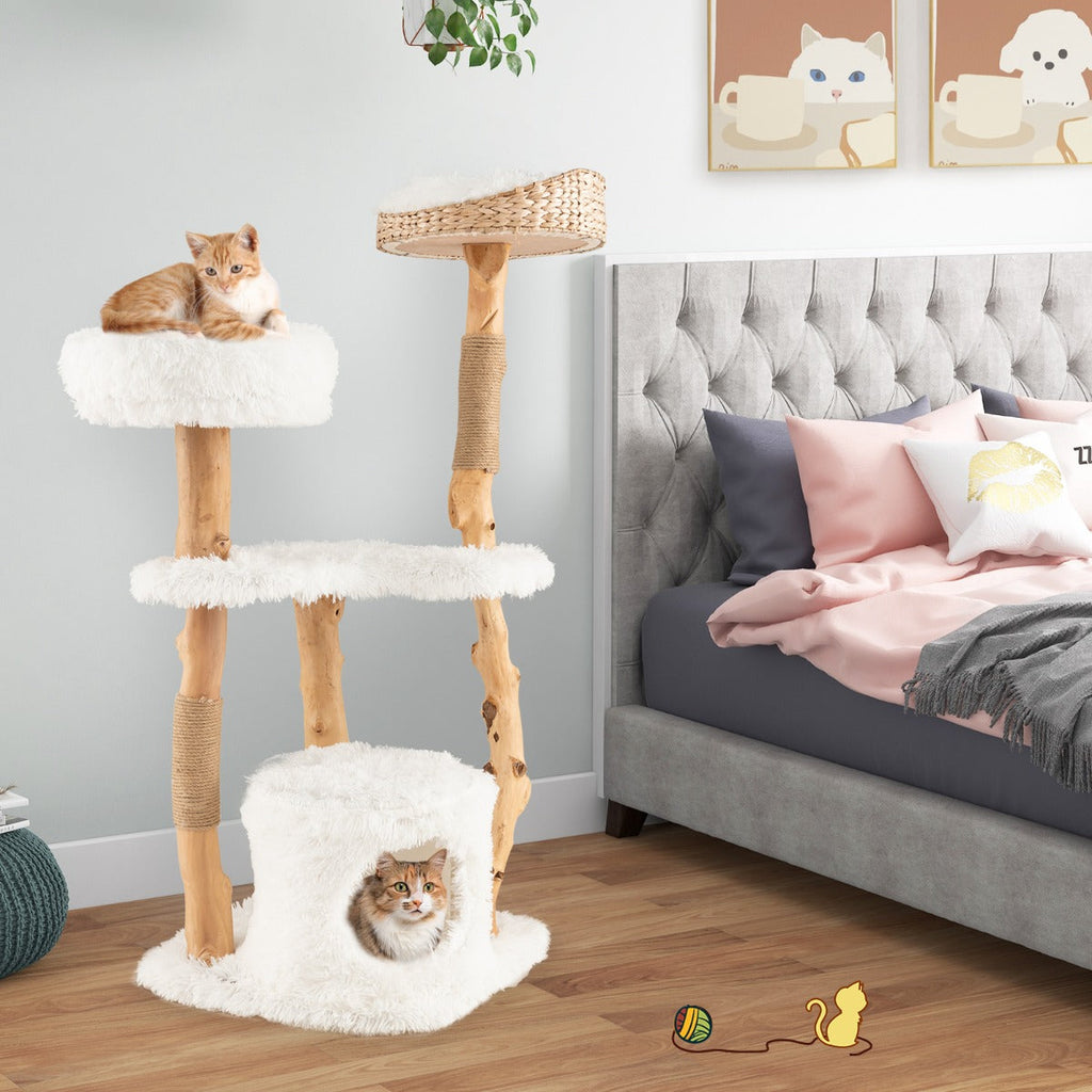 NNECW 124 CM Tall Wooden Cat Tree with Jute Scratching Posts For Pet-0