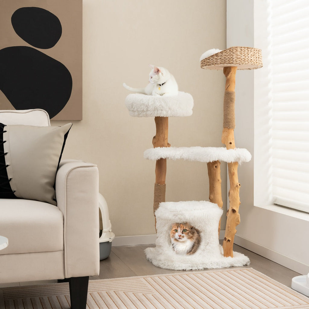 NNECW 124 CM Tall Wooden Cat Tree with Jute Scratching Posts For Pet-4