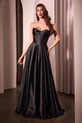 Strapless Satin Corset A-Line Gown with High Slit – Black, Dusty Blue & Greenery