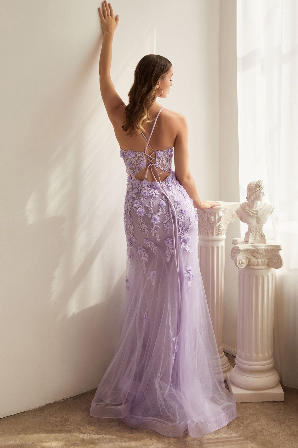 FITTED FLORAL APPLIQUE TULLE GOWN CDCD995