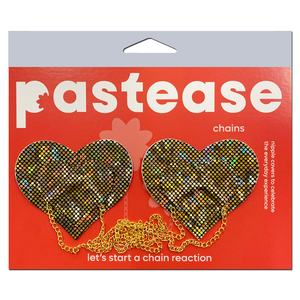 5-Pack: Chains: Gold Shattered Disco Ball Heart with Gold Chains Nipple Pasties by Pastease® o/s-1