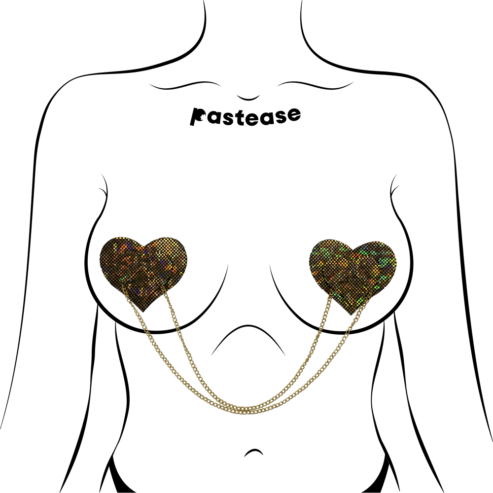 5-Pack: Chains: Gold Shattered Disco Ball Heart with Gold Chains Nipple Pasties by Pastease® o/s-3