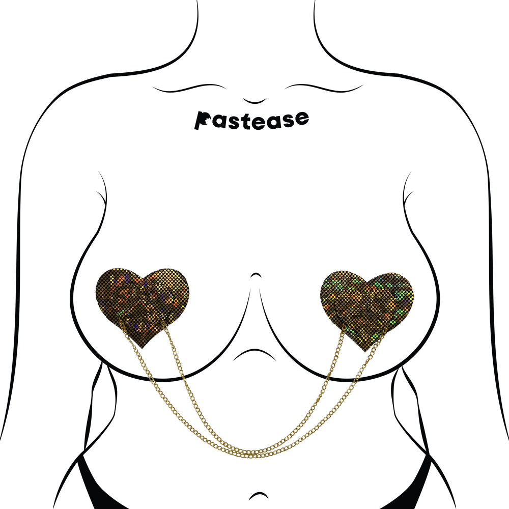 5-Pack: Chains: Gold Shattered Disco Ball Heart with Gold Chains Nipple Pasties by Pastease® o/s-4