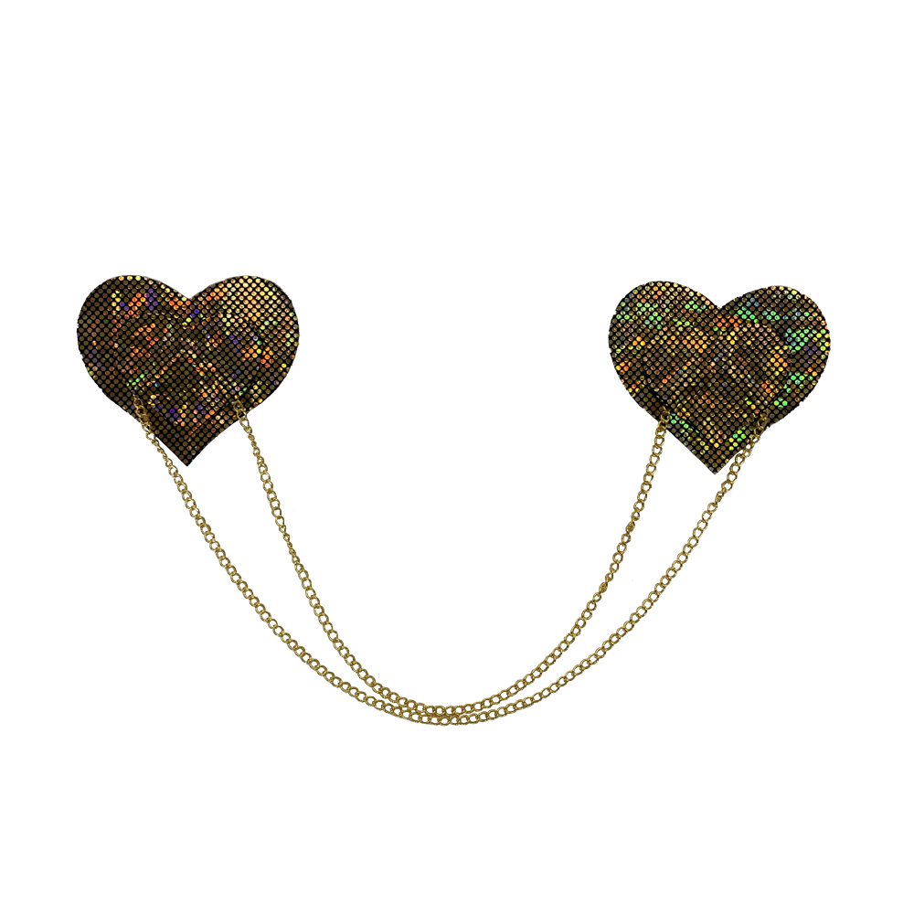 5-Pack: Chains: Gold Shattered Disco Ball Heart with Gold Chains Nipple Pasties by Pastease® o/s-0