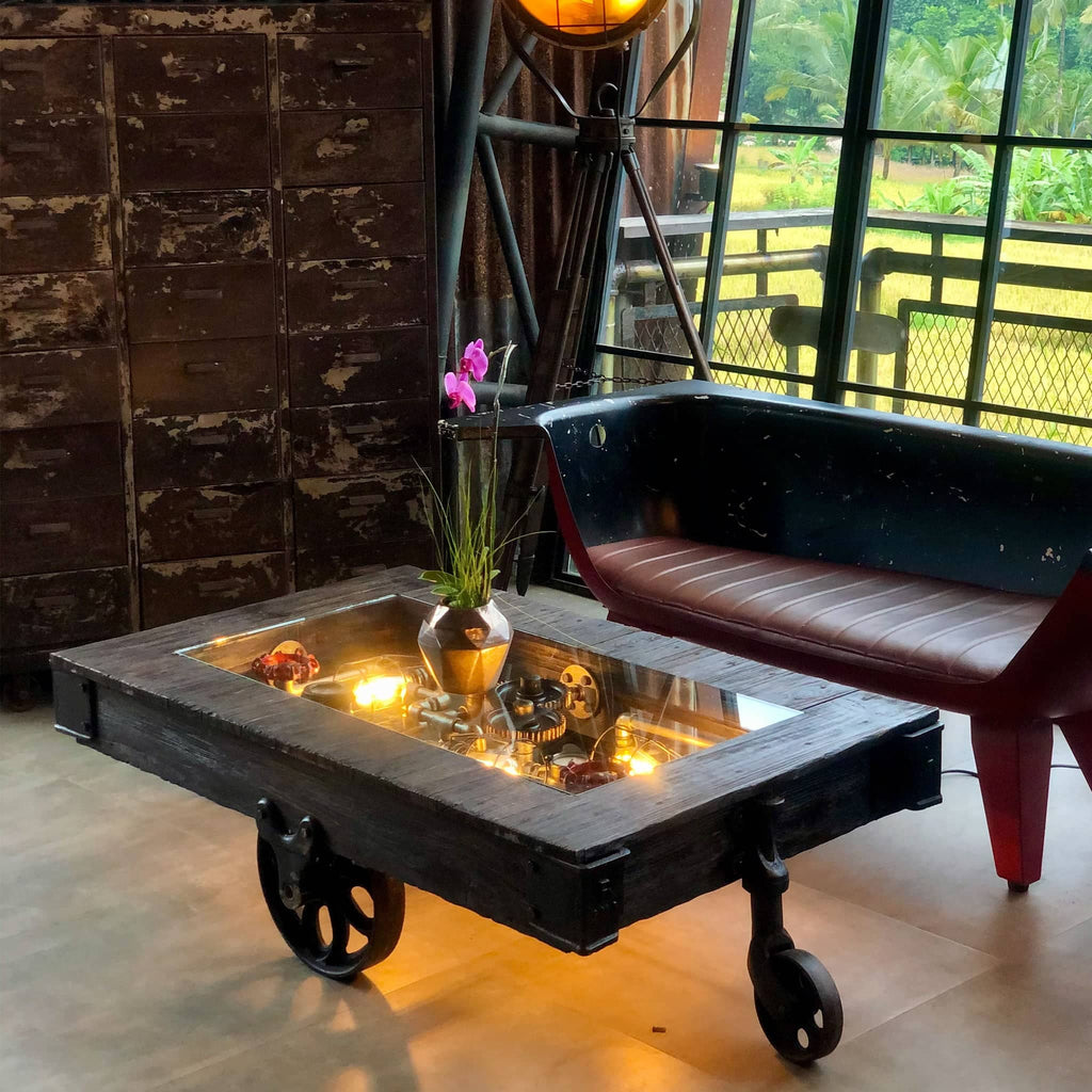 Steam punk wooden Trolley Coffee Table-0