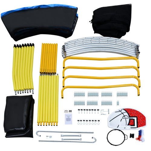 Assembly components for a 12FT trampoline, including yellow springs, steel frame parts, safety pads, and a basketball hoop.