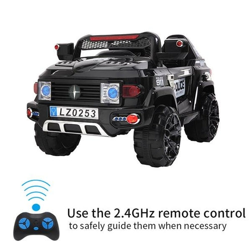 Black off-road police car with LED headlights, large wheels, and a remote control feature. Suitable for children.