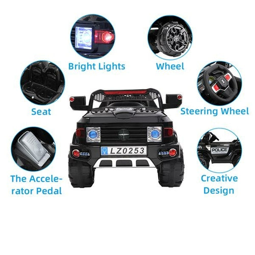 Black off-road police car with bright LED headlights, a realistic steering wheel, and an accelerator pedal for kids.