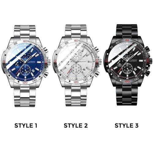 Three personalized men's watches displayed in a row. Style 1 has a blue dial, stainless steel band. Style 2 features a white dial and also has a stainless steel band. Style 3 showcases a black dial with a black band. All watches have a sporty design with luminous hands and chronograph sub-dials.