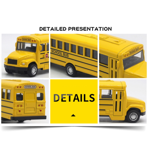 Yellow alloy school bus model with detailed paintwork, realistic features, and pull-back design for kids.
