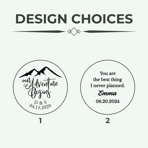 Two circular engraving design options for a personalized men's watch. Option 1 features mountains and text, while Option 2 includes a heartfelt message.