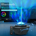 Colorful galaxy projector with a blue dome, emitting multicolor lights, paired with a remote control for easy operation.