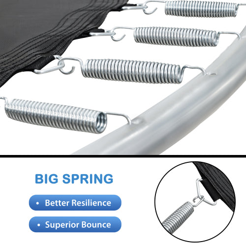 Zoomed-in view of trampoline springs displaying several sturdy, silver coils attached to a black jumping mat for enhanced bounce.