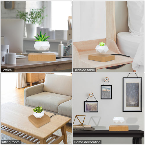 White geometric flowerpot levitating on a light wood base, showcasing small green plants in various indoor settings.