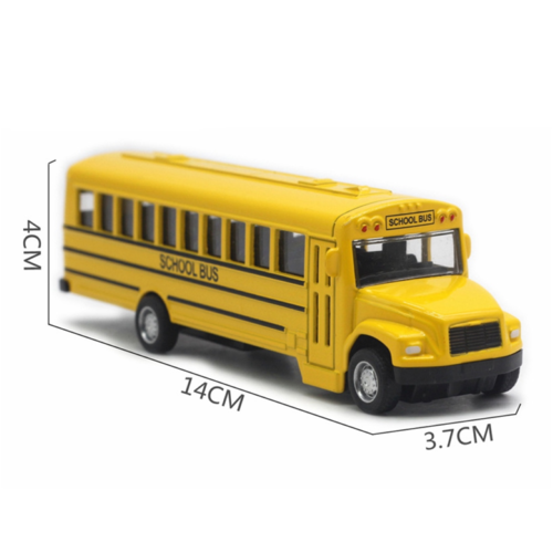 Bright yellow alloy school bus model, features "SCHOOL BUS" on the side, measures 14cm x 3.7cm x 4cm.