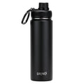 Black stainless steel 22oz DRINCO® sport water bottle with a wide mouth, textured grip, and a screw-on lid.