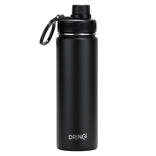 Black stainless steel 22oz DRINCO® sport water bottle with a wide mouth, textured grip, and a screw-on lid.