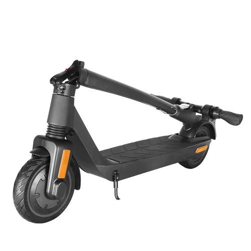 Folded black electric scooter with 8.5-inch wheels, featuring a textured footboard and a compact design for easy storage.