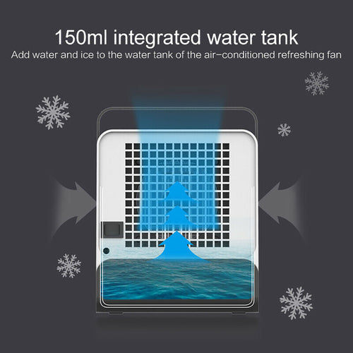 Portable air cooler with 150ml water tank, featuring slotted vent design and blue water splash graphic for cooling effect.