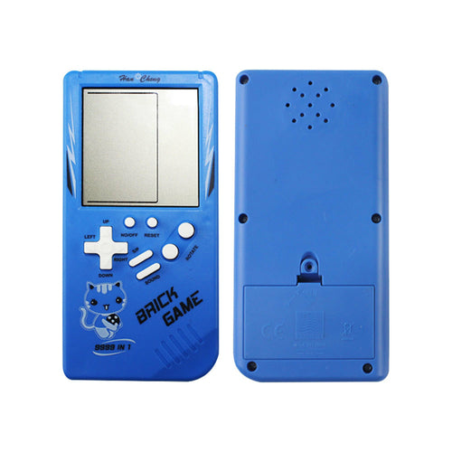 Retro handheld game player in bright yellow with a large screen, featuring Tetris and classic games, compact design.