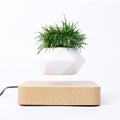 Levitating flowerpot in a white geometric design, floating above a light wood base with grass-like greenery inside.