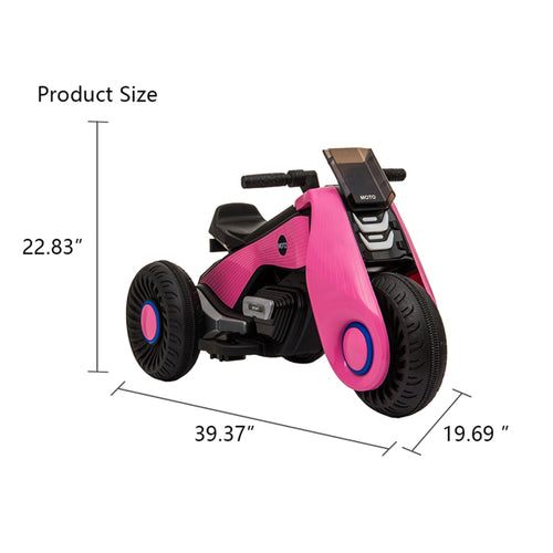 Children's Electric Motorcycle in black and pink, featuring three wheels, a sleek body design, and large rubber tires.